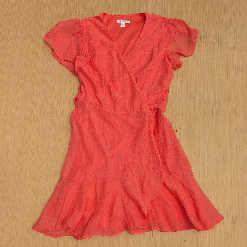 Miami Orange Tropical‎ Flutter Sleeve V-Neck Ruffle Mini Wrap Dress Women's XS